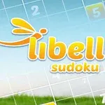 Libelle-logo med en guldsmed foran en lyseblå baggrund med tal og gitter
