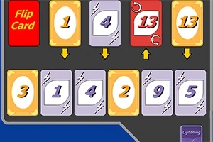 Kortspil-layout med nummererede og vendbare kort i to rækker og en rød Flip Card-knap