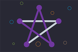 Et violet pentagram med sammenkoblede linjer på en mørk baggrund, omgivet af farvede cirkler