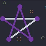 Et violet pentagram med sammenkoblede linjer på en mørk baggrund, omgivet af farvede cirkler