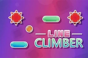 Farverig illustration med ordlyden Line Climber, farverige platforme, kugler og stjerneformede figurer på en lilla baggrund