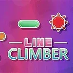 Farverig illustration med ordlyden Line Climber, farverige platforme, kugler og stjerneformede figurer på en lilla baggrund