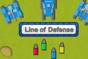Blå tanks omgiver teksten Line of Defense på en grøn baggrund med farverige projektiler nedenunder