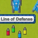 Blå tanks omgiver teksten Line of Defense på en grøn baggrund med farverige projektiler nedenunder