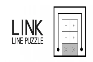 Sort-hvidt design med teksten Link Line Puzzle ved siden af et simpelt geometrisk mønster med firkanter og linjer