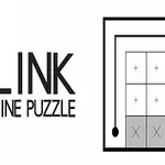 Sort-hvidt design med teksten Link Line Puzzle ved siden af et simpelt geometrisk mønster med firkanter og linjer