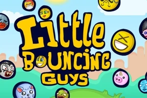 Farverige ansigter og figurer svæver rundt om teksten Little Bouncing Guys mod en himmelblå baggrund