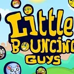 Farverige ansigter og figurer svæver rundt om teksten Little Bouncing Guys mod en himmelblå baggrund