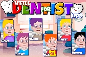 Tegneserieillustration af seks børn med farverige frisurer og udtryk, placeret mod en tandlægeklinikbaggrund, med teksten Little Dentist for Kids øverst