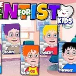Tegneserieillustration af seks børn med farverige frisurer og udtryk, placeret mod en tandlægeklinikbaggrund, med teksten Little Dentist for Kids øverst
