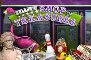 En samling af forskellige objekter, herunder en Beethoven-buste, lyserød flamingo, bowlingkegle og spilledåse, med teksten Little Shop of Treasures øverst