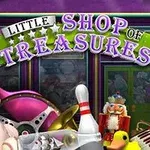 En samling af forskellige objekter, herunder en Beethoven-buste, lyserød flamingo, bowlingkegle og spilledåse, med teksten Little Shop of Treasures øverst
