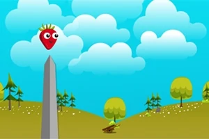 En tegneserieagtig jordbærfigur med øjne står på spidsen af en obelisk i et landskab med bakker, træer og en skyet blå himmel