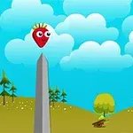 En tegneserieagtig jordbærfigur med øjne står på spidsen af en obelisk i et landskab med bakker, træer og en skyet blå himmel