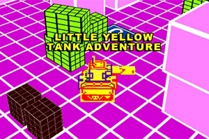 Gul tank på pink skakternet baggrund med grønne og brune blokke og teksten Little Yellow Tank Adventure