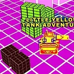 Gul tank på pink skakternet baggrund med grønne og brune blokke og teksten Little Yellow Tank Adventure