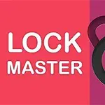 Tekst LOCK MASTER på en farverig baggrund med et stiliseret hængelåssymbol