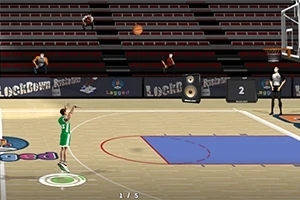 En animeret basketballspiller i grønt uniform skyder mod kurven på en halvtom arena med tilskuere i baggrunden