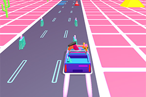 En lyseblå bil kører ned ad en futuristisk vej med neonfarvede kaktusser og pyramider i baggrunden på en pink ternet overflade