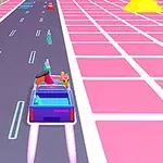 En lyseblå bil kører ned ad en futuristisk vej med neonfarvede kaktusser og pyramider i baggrunden på en pink ternet overflade