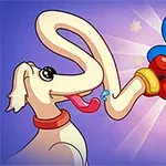 En tegneseriefigur med en gul krone og blå krop giver en hund en high five med rød boksehandske, mens stjerner omkranser dem på en lilla baggrund