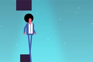 En animeret figur med afrofrisure og jakkesæt balancerer på en smal streg mellem to platforme mod en blå baggrund med stjerner