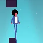 En animeret figur med afrofrisure og jakkesæt balancerer på en smal streg mellem to platforme mod en blå baggrund med stjerner