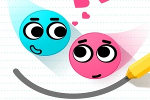 To farvede cirkler med ansigter, en blå og en pink, ser på hinanden mens en blyant tegner en kurvet streg under dem