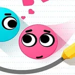 To farvede cirkler med ansigter, en blå og en pink, ser på hinanden mens en blyant tegner en kurvet streg under dem