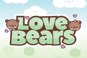 Titel med teksten Love Bears omgivet af to tegneserie-bjørnehoveder og små hjerter på en lys baggrund med skyer