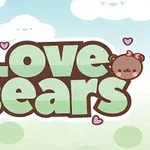 Titel med teksten Love Bears omgivet af to tegneserie-bjørnehoveder og små hjerter på en lys baggrund med skyer