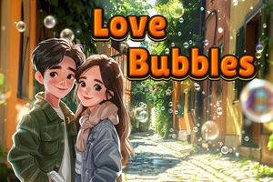 Et ungt forelsket par står i en solrig, brostensbelagt gade med svævende sæbebobler og teksten Love Bubbles