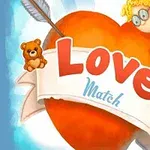 Et stort rødt hjerte med en pil igennem, dekoreret med et banner hvor der står Love Match, omgivet af en lille engel med krøller og briller samt en bamse