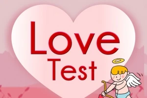 Stor lyserød hjerteform med teksten Love Test og en tegneserieengel med bue og pil i hjørnet