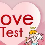 Stor lyserød hjerteform med teksten Love Test og en tegneserieengel med bue og pil i hjørnet