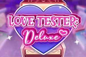 Hjerteformet logo med teksten Love Tester: Deluxe i pink og lilla farver på en lysende baggrund