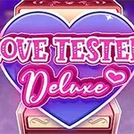 Hjerteformet logo med teksten Love Tester: Deluxe i pink og lilla farver på en lysende baggrund
