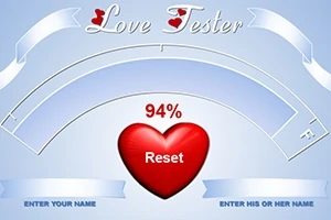 Grafik med en kærlighedstester, der viser 94% i et rødt hjerte med knappen Reset og felter til at indtaste navne