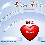 Grafik med en kærlighedstester, der viser 94% i et rødt hjerte med knappen Reset og felter til at indtaste navne