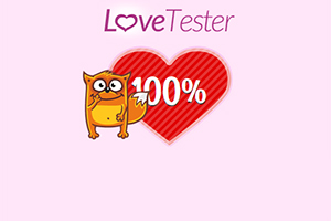 En tegneseriefigur af en orange kat ved siden af et rødt hjerte med teksten 100% og titel Love Tester ovenfor
