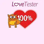 En tegneseriefigur af en orange kat ved siden af et rødt hjerte med teksten 100% og titel Love Tester ovenfor