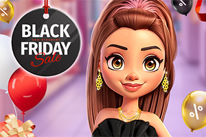 Tegneseriefigur med langt brunt hår iført sorte tøj og smykker står foran en Black Friday Sale-plakat med balloner omkring