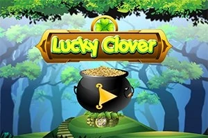 En sort gryde fyldt med guld står på en bølgende grøn bakke under et skilt med teksten Lucky Clover omgivet af træer i en skov