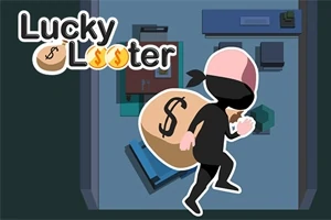 En tegneserieagtig tyv bærer en sæk med et dollartegn på ryggen i et simpelt rum, med teksten Lucky Looter øverst
