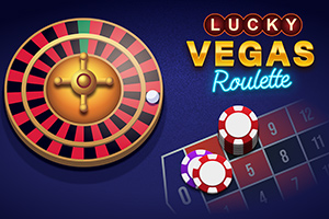 Et roulettehjul, farvede jetoner og teksten Lucky Vegas Roulette mod en blå baggrund