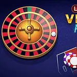 Et roulettehjul, farvede jetoner og teksten Lucky Vegas Roulette mod en blå baggrund