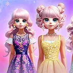 Tre animerede figurer med store øjne og elegant tøj i lilla, gul og grøn, står foran en farverig, lyserød og lilla baggrund