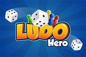 Terninger og farvede spillebrikker omkring teksten Ludo Hero på en blå baggrund