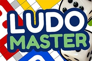 Grafisk design med teksten Ludo Master over et spilbræt og to terninger