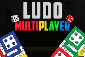 Store bogstaver med teksten LUDO MULTIPLAYER i forskellige farver og terninger ved siden af to spillebrætter i blå og grøn